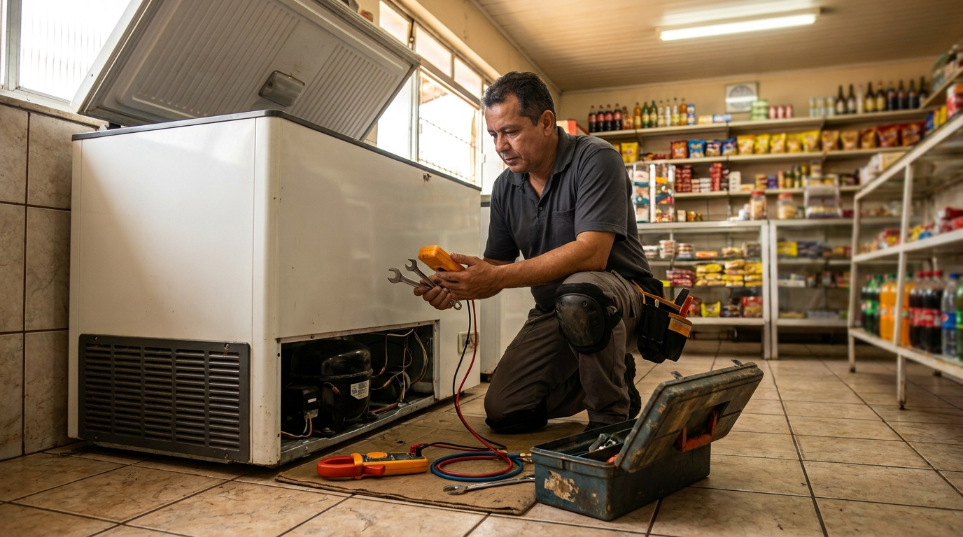 Técnico reparando o motor de um freezer horizontal em Maceió‑AL