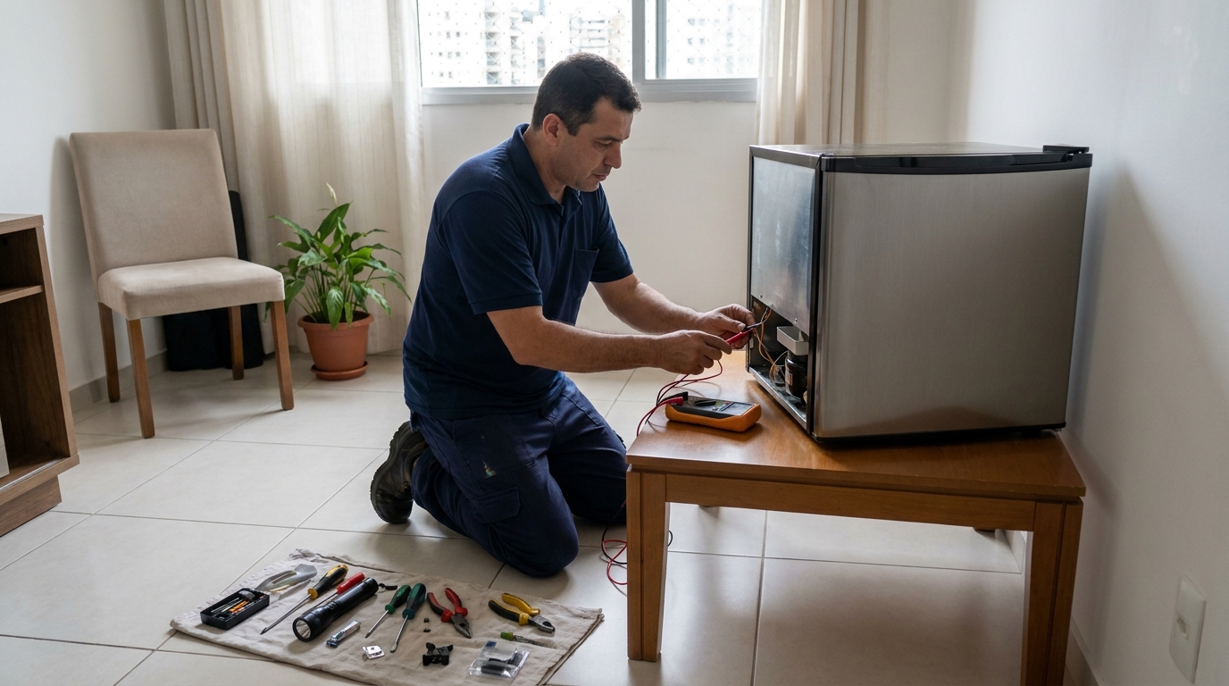 Técnico revisando o motor de um frigobar em Maceió‑AL