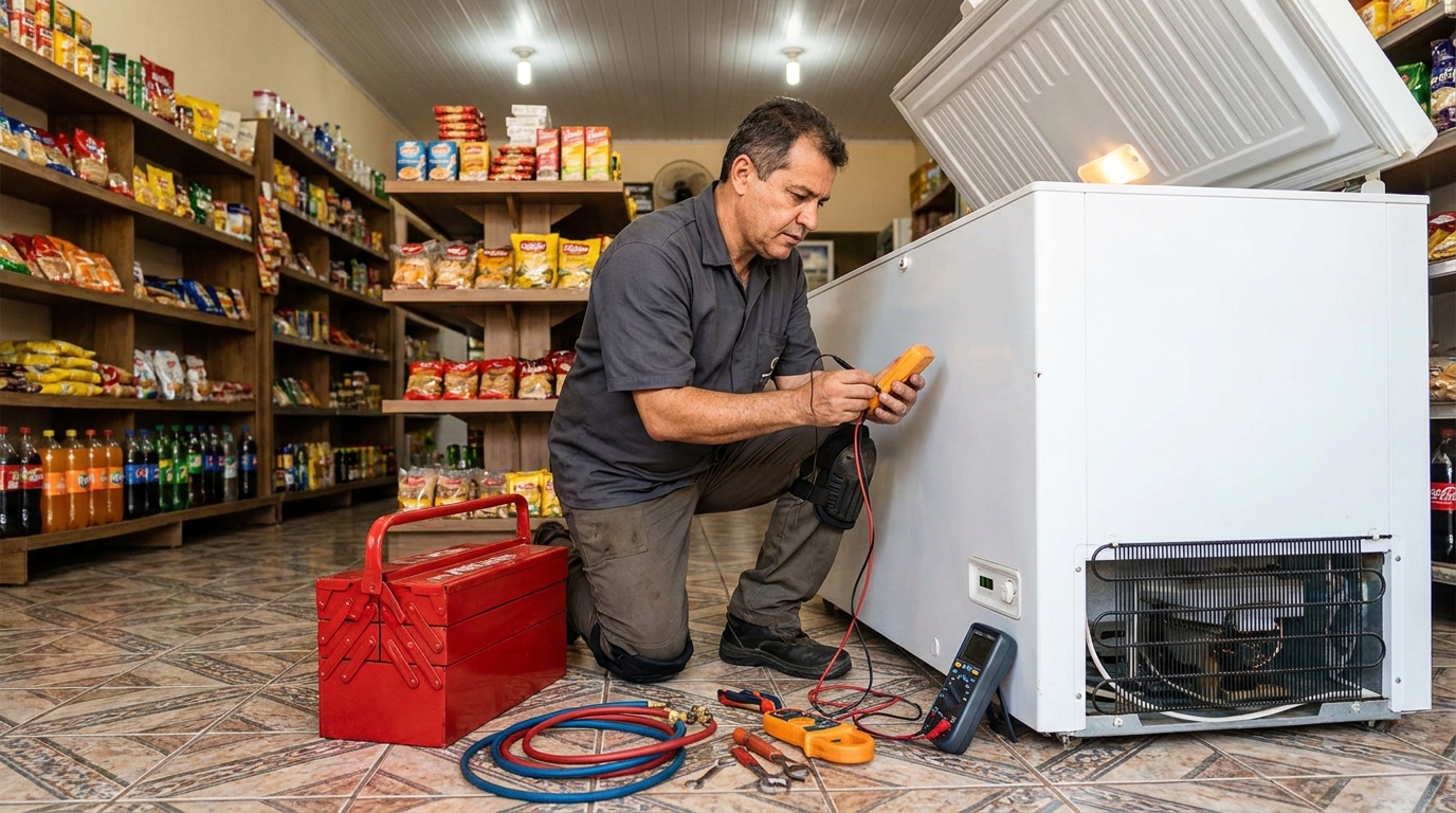 Manômetro conectado ao circuito durante recarga de gás de freezer em Maceió‑AL