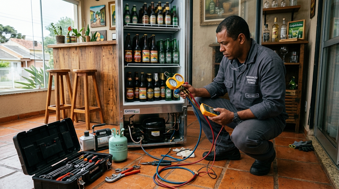 Técnico conferindo a temperatura de uma cervejeira durante atendimento em Maceió‑AL